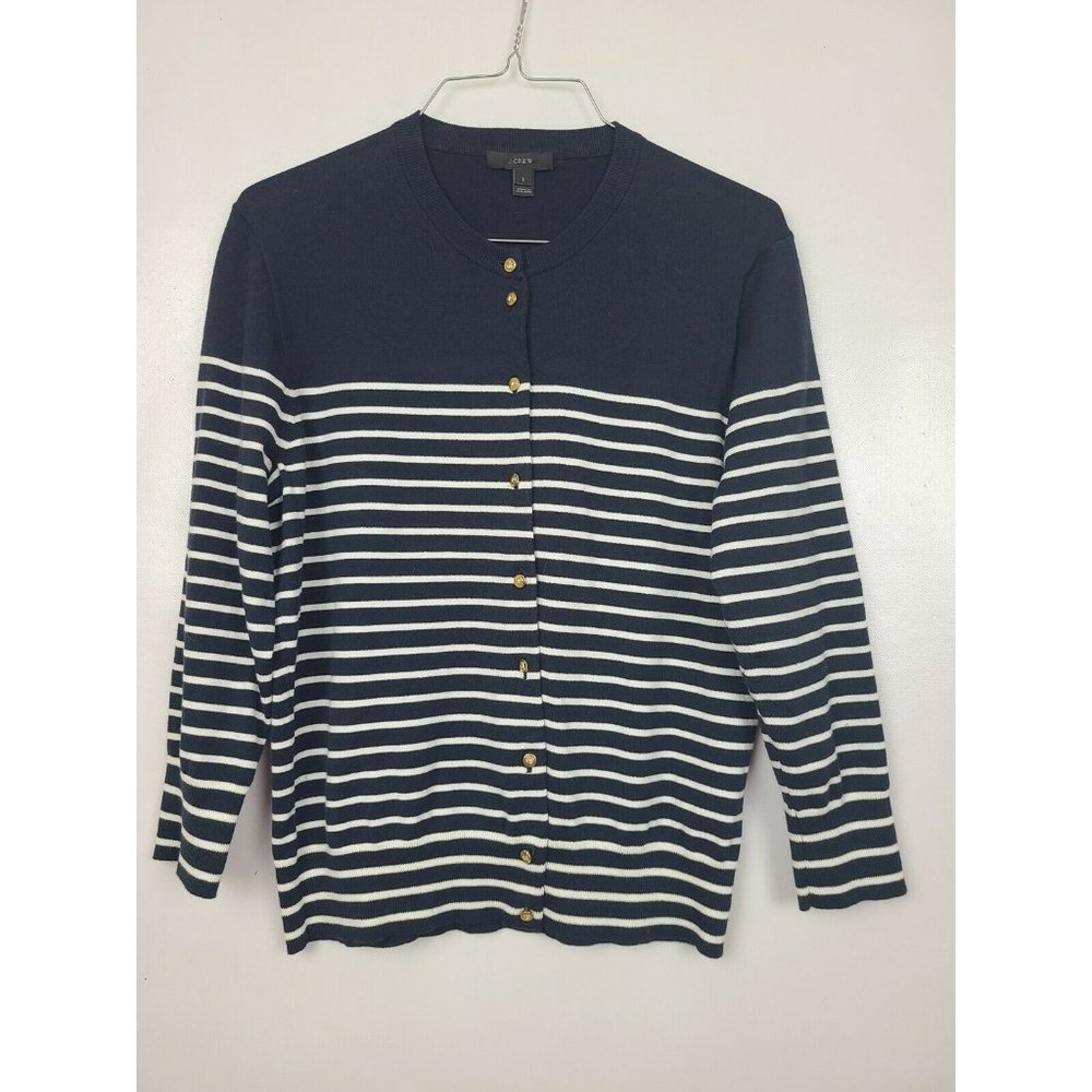 J Crew Womens Navy White Striped Anchor Button Front Jackie Cardigan Size Large